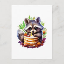 Summer Spring raccoon with a 1th birthday cake
