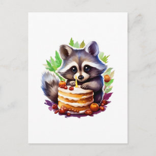 Summer Spring raccoon with a 1th birthday cake Postcard