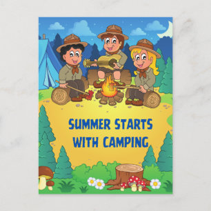 Summer starts with camping postcard