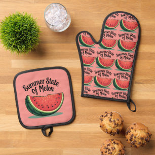 Summer State of Melon Retro Fruit Art Oven Mitt & Pot Holder Set