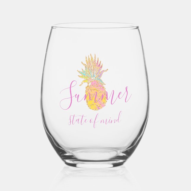 Summer state of mind - Cute Tropical Pineapple  Stemless Wine Glass (Front)