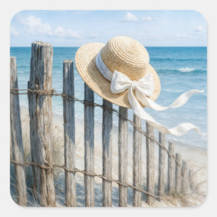 Summer Straw Hat In Ocean Breeze Square Sticker