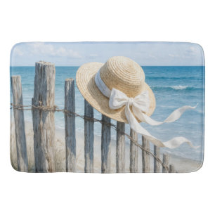 Summer Straw Hat On Beach Fence Bath Mat