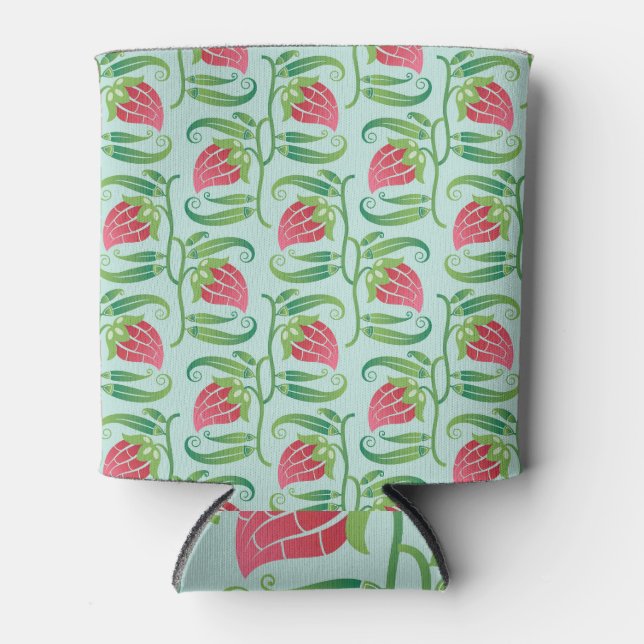 Summer Strawberries Green Background Pattern Can Cooler (Front)