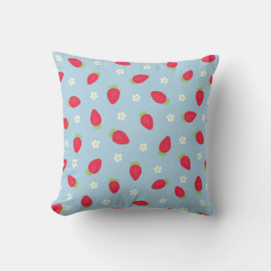 Summer Strawberries (large scale) Blue Throw Pillow