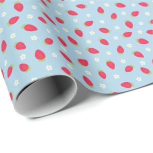 Summer Strawberries on Blue (small scale) Wrapping Paper