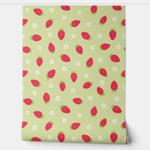 Summer Strawberries on Green (large scale) Wallpaper