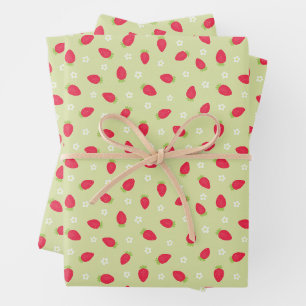 Summer Strawberries on Green (small scale) Wrapping Paper Sheet