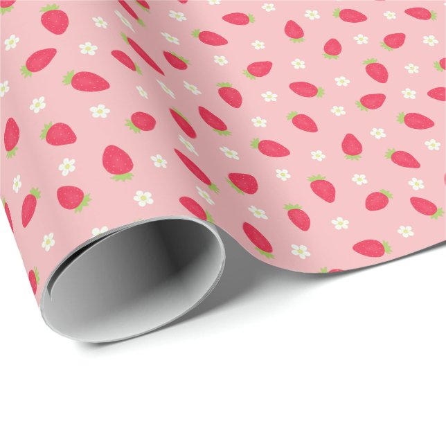 Summer Strawberries on Pink (small scale) Wrapping Paper (Roll Corner)