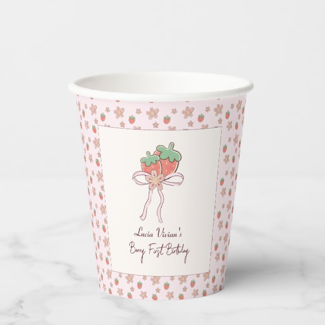Summer Strawberries Pink Ribbon Paper Cups (Front)