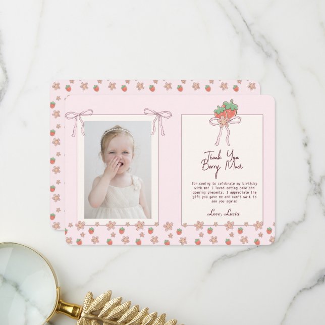 Summer Strawberries Pink Ribbon Thank You Card (Front/Back In Situ)