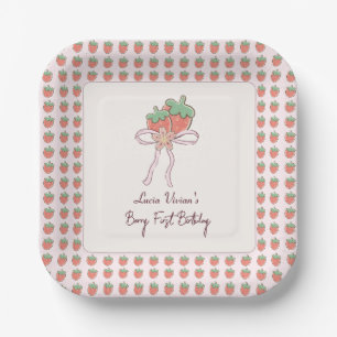 Summer, Strawberries, Ribbon 1st Birthday Party Paper Plate