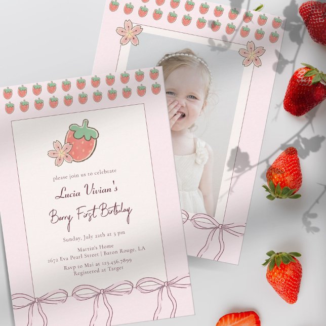 Summer, Strawberries, Ribbon Photo 1st Birthday Invitation (Creator Uploaded)