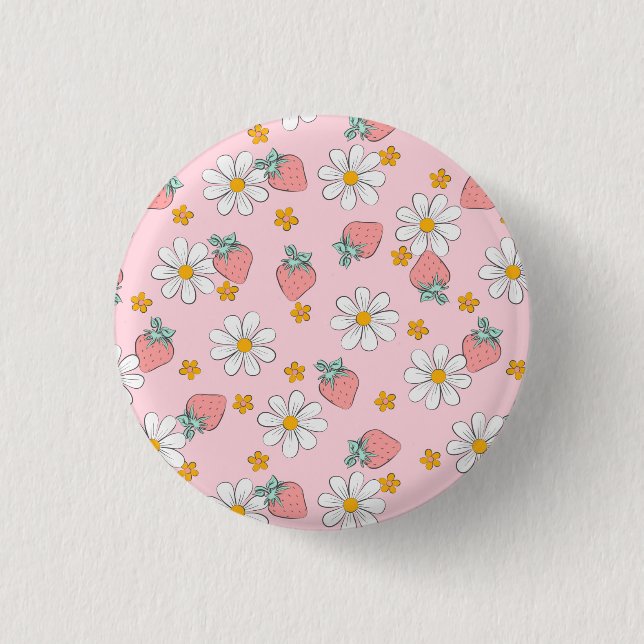 Summer Strawberry Daisy Pattern  1 Inch Round Button (Front)
