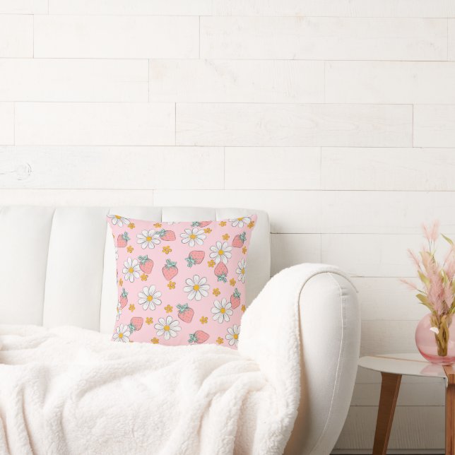 Summer Strawberry Daisy Pattern  Throw Pillow (Couch)
