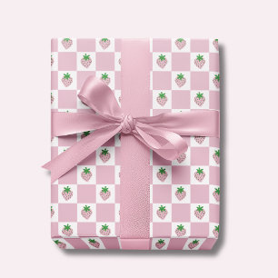 Summer Strawberry Pink Checkerboard Wrapping Paper