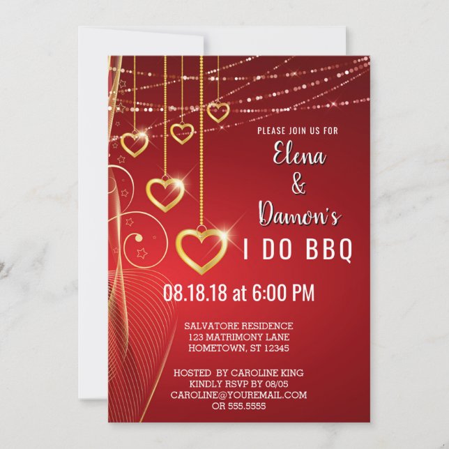 Summer String Lights Gold Hearts I Do BBQ Invite (Front)
