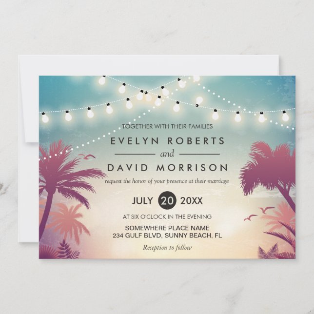 Summer String Lights Palm Tree Outdoor Wedding Invitation (Front)
