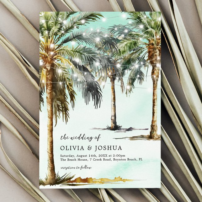 Summer String Lights Palm Tree Wedding Invitation (Creator Uploaded)