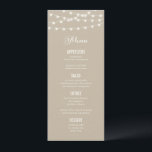 Summer String Lights Wedding Menu Card<br><div class="desc">Chic modern summer wedding menu card design with simple elegant glowing string lights hanging across the top and a classy mix of modern and calligraphy script fonts on a printed faux watercolor texture background. A simple and stylish preppy design, perfect for summer! Click the CUSTOMIZE IT button to customize fonts,...</div>