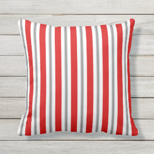 Summer stripes - deep red white and grey / grey throw pillow