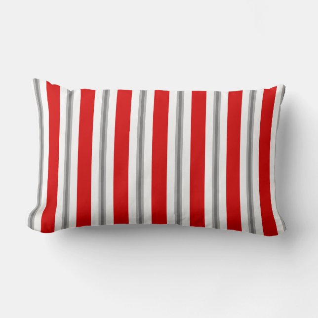 Summer Stripes, Deep Red, White and Grey  Lumbar Pillow (Front)