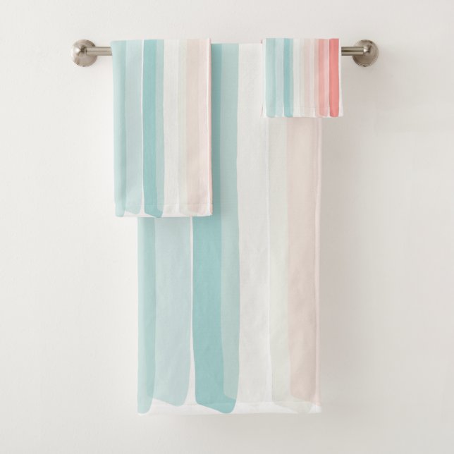 Summer stripes in coral and turquoise 2 bath towel set (Insitu)
