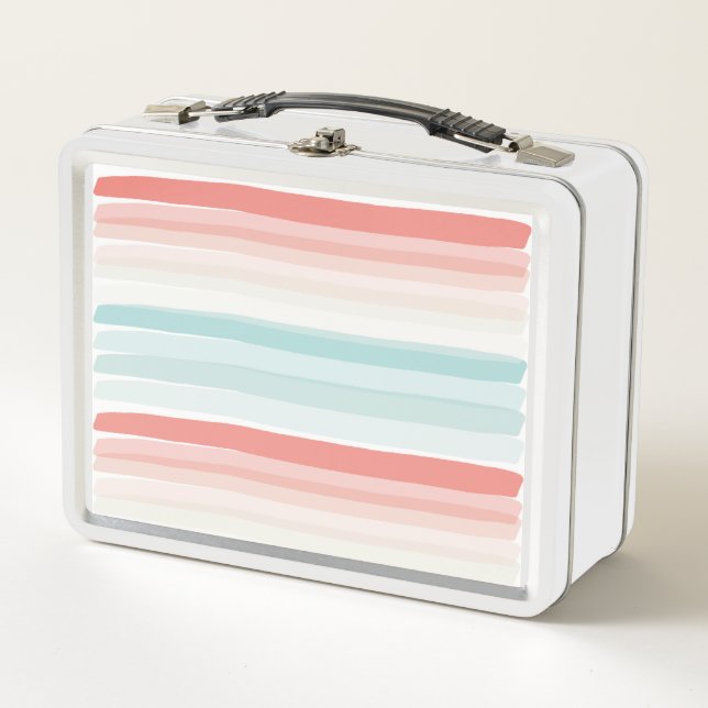 Summer stripes in coral and turquoise metal lunch box (Front)