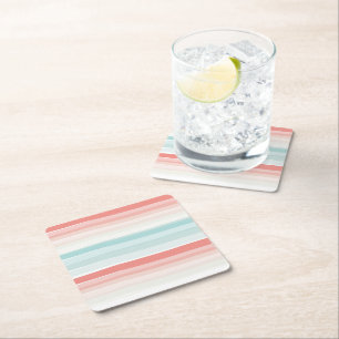Summer stripes in coral and turquoise square paper coaster