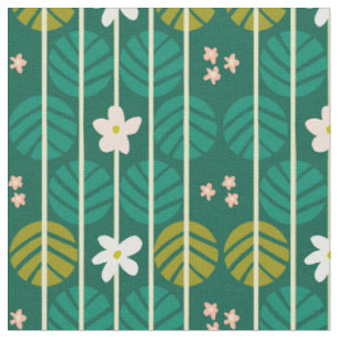 Summer stripes retro floral dark green fabric