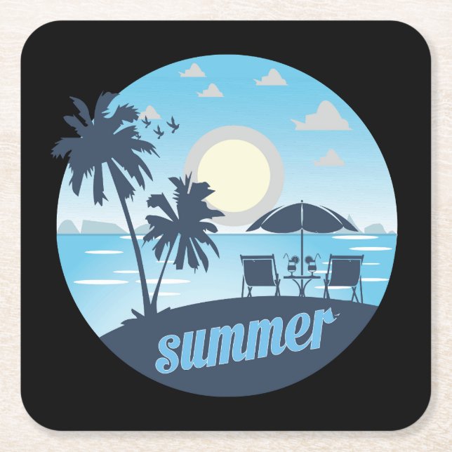 Summer, Sun, Beach, Chairs, Umbrella & Palm Trees Square Paper Coaster (Front)