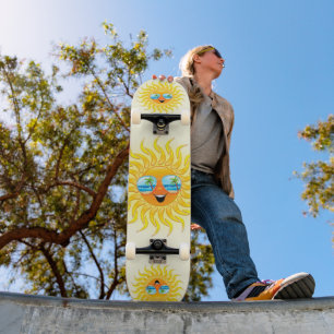 Summer Sun Cartoon with Sunglasses  Skateboard