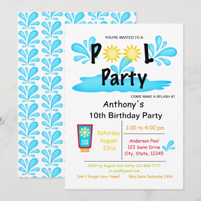 Summer Sun Splash Pool Party Birthday Invitation (Front/Back)
