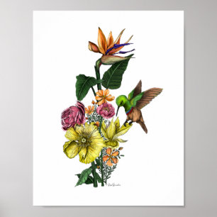 Summer Sunbird in Colorful Floral Bouquet Wall Art
