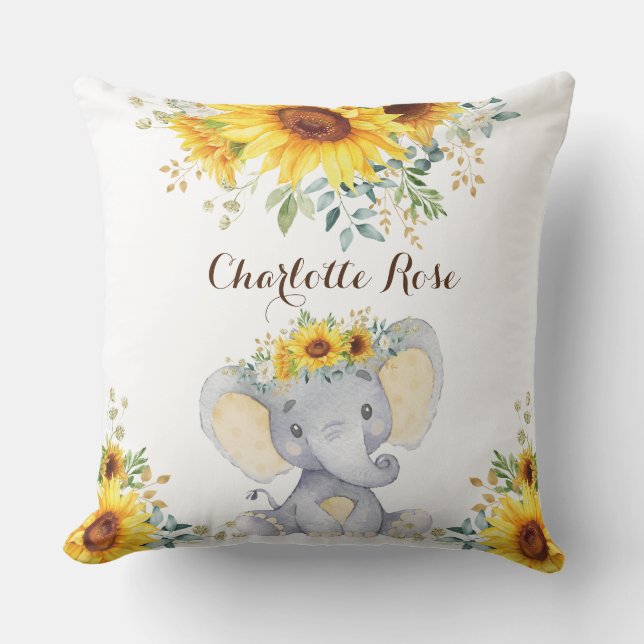 Summer Sunflower Elephant Peanut Baby Girl Nursery Throw Pillow (Front)