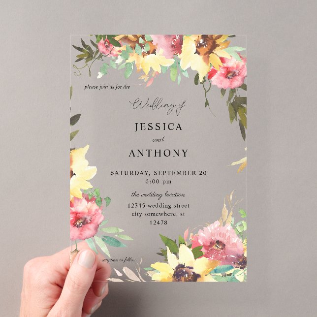 Summer Sunflower Floral Wedding 2 Acrylic Invitations (Insitu (Handheld))