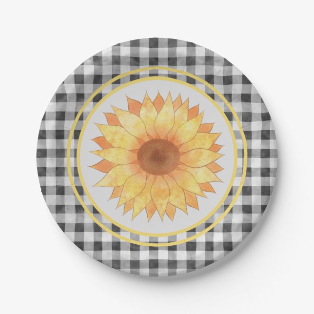 Summer Sunflower Gingham Picnic Paper Plate (Front)