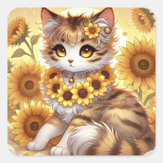 Summer Sunflower Tabby Princess Cat Square Sticker