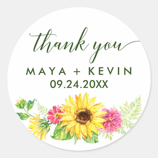 Summer Sunflower Thank You Wedding Favour Classic Round Sticker (Front)