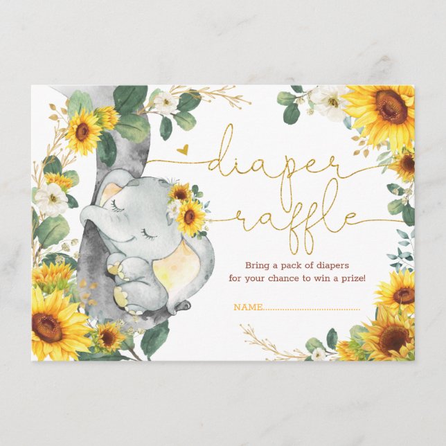 Summer Sunflowers Elephant Greenery Diaper Raffle Enclosure Card (Front)