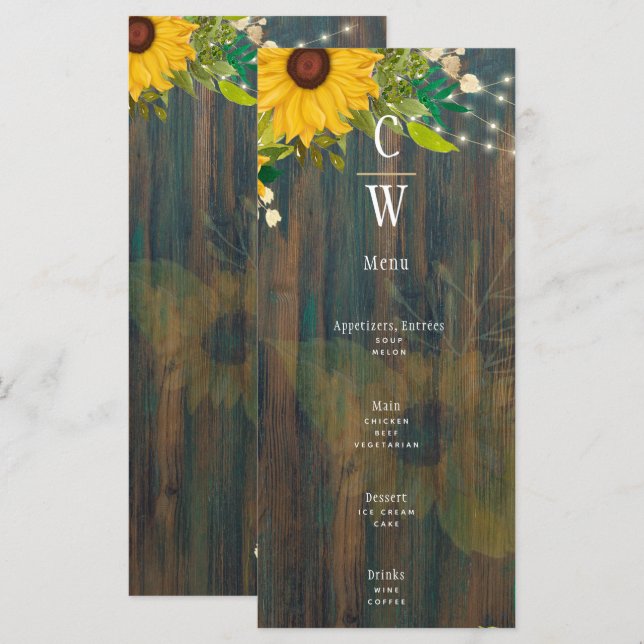 Summer Sunflowers Rustic Wood Wedding Menu (Front/Back)