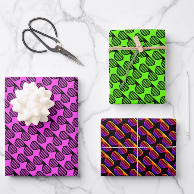 Summer sunglasses neon colour wrapping paper sheet (Front)