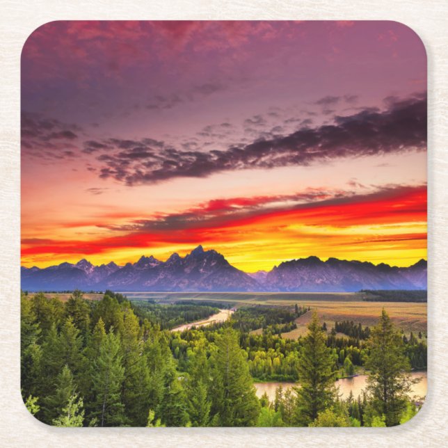 Summer Sunset at Snake River Overlook Square Paper Coaster (Front)
