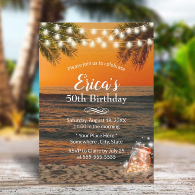 Summer Sunset Beach Glow Mason Jar 50th Birthday Invitation (Creator Uploaded)