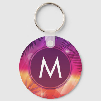 Summer Sunset Palm Trees Monogram Purple Orange Keychain