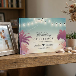 Summer Sunset Palm Tress String Lights Wedding Guest Book