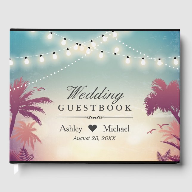 Summer Sunset Palm Tress String Lights Wedding Guest Book (Front)