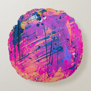 Summer Sunset Splatter Paint Abstract Round Pillow