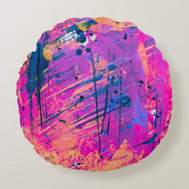 Summer Sunset Splatter Paint Abstract Round Pillow (Front)