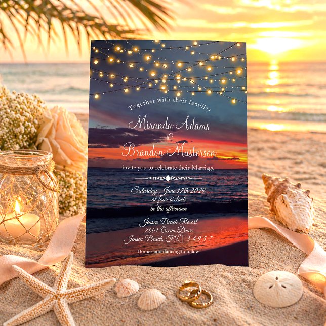 Summer Sunset String Lights Tropical Beach Wedding Invitation (Creator Uploaded)